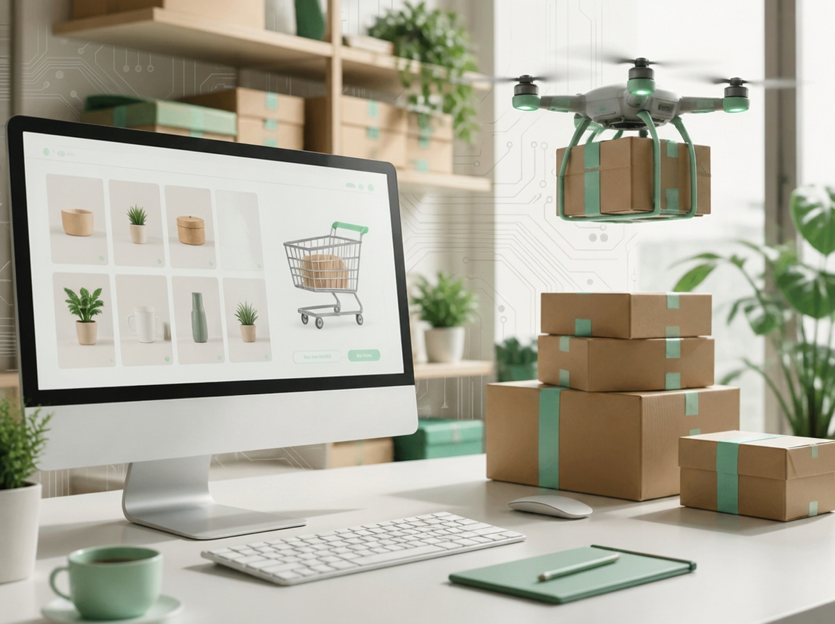 E-commerce optimization illustration showing digital storefront, cart, and fulfillment