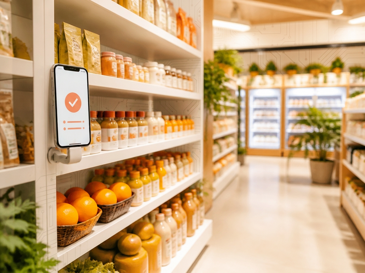 DisTech Merchandising illustration showing retail shelves and mobile audit tools